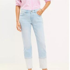 LOFT Petite Curvy Girlfriend Jeans in Patched Light Indigo Wash